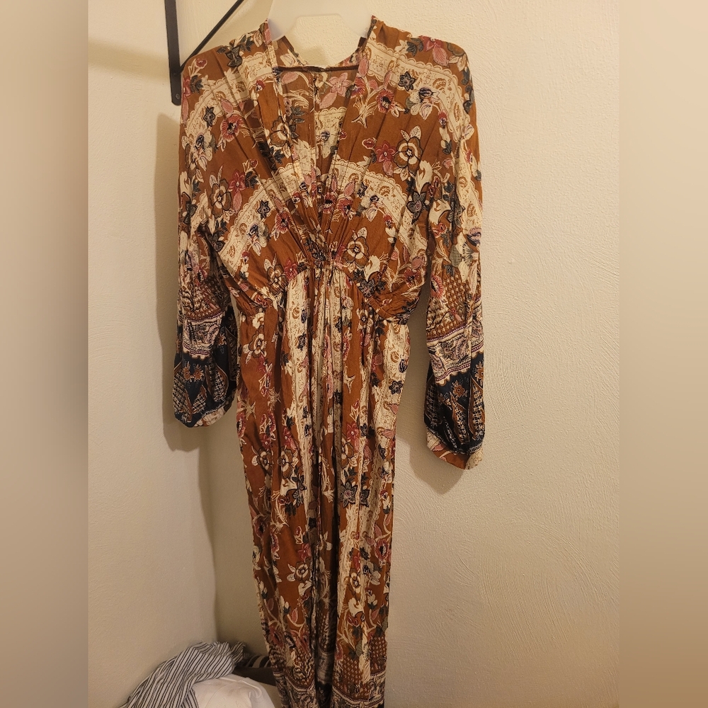 Umgee Boho Kimono Wrap Sheer Maxi Duster Dress Mixed Floral Print Size S
